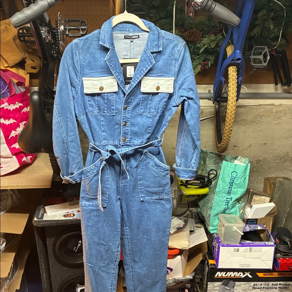 Fashion Nova Light Blue Denim Utility Jumpsuit